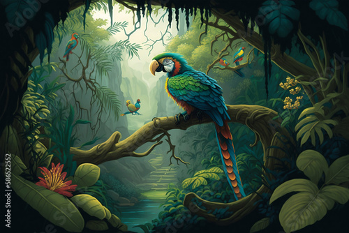 parrot in jungle, Generative AI © Smilego