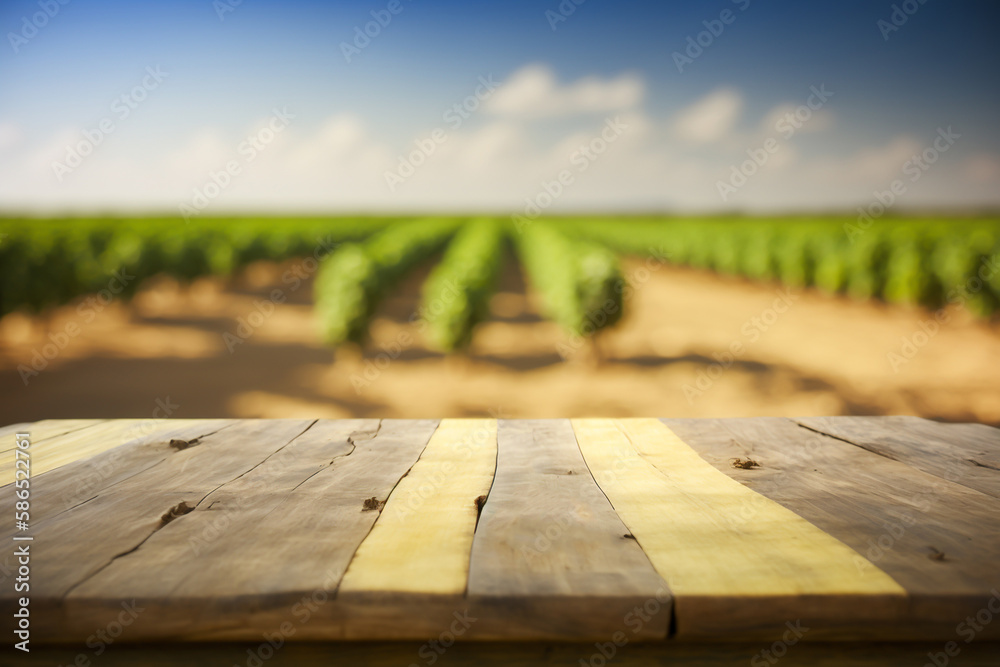 Wooden table for product display in hop field, generative AI Wooden table for product display in hop field, generative AI