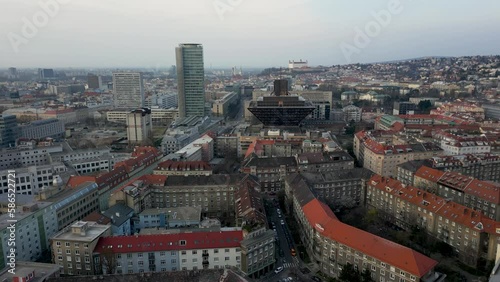 Aerial footage of Bratislava and the building of Slovak Radio, cityscape, 4k photo