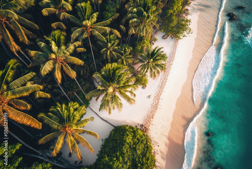 top view of a beautiful tropical beach with palm trees, white sand and blue sea without people. summer resort landscape with ocean and waves. ai