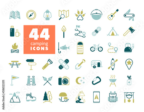 Camping, Hiking and Outdoor Activities icons set