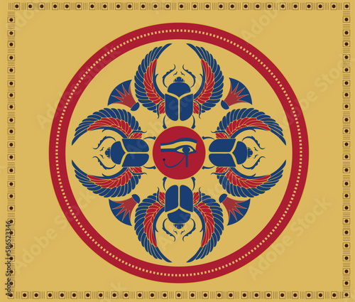 Egyptian ornament for Ankh Symbol and sacred Scarab with wings with louts flowers Vector illustration of the ancient Egyptians	