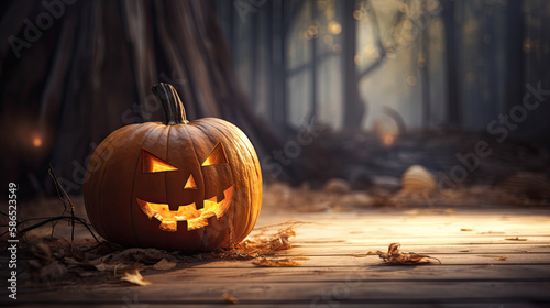 Halloween pumpkin on a forest background with twilight lighting. Generative AI
