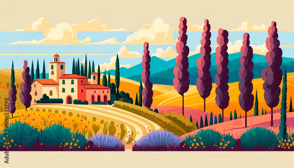Italy Tuscan vineyards Summer landscape for design banner ticket, card, poster. Generative AI	