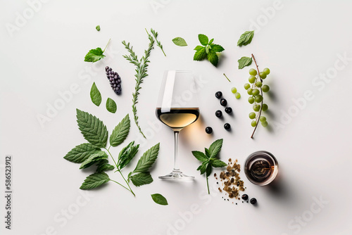 Wine glass with grapes and spices, wine bouquet concept. Generative AI