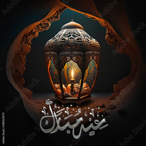 Exquisite ornamental candle Islamic lantern in a dimly lit cave with blue light in the background, with Eid Mubarak Calligraphy photo