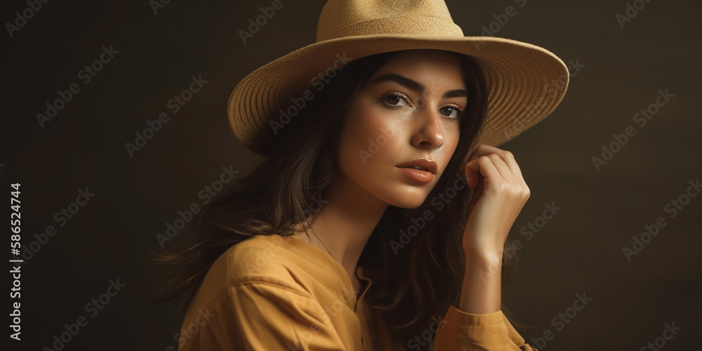 A long-legged brunette fashion model girl in a wide-brimmed hat Generative AI - obrazy, fototapety, plakaty 