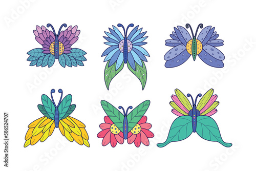 A set of flower butterflies isolated on a white background. Vibrant vector illustration of butterflies.