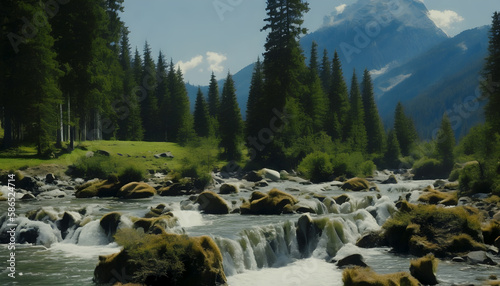 A river with a mountain in the background with create AI generative technology