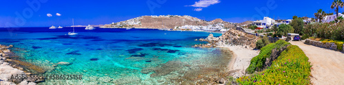 Mykonos island. Popular beautiful beach Platis Gialos. Greece summer holidays, Cyclades photo