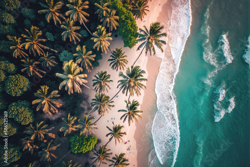 top view of a beautiful tropical beach with palm trees, white sand and blue sea without people. summer resort landscape with ocean and waves. ai © Вячеслав Герц