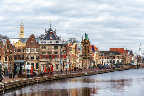 Spaarne river and old town in Haarlem, Netherlands,