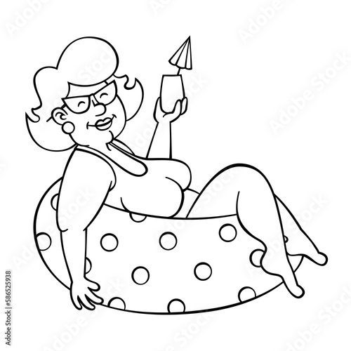 Curvy lady funny pool party outline sketch coloring book, vector elderly woman relaxed on holiday