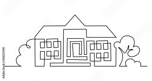 School building in continuous line art drawing style. Cartoon drawing of educational building, kindergarten.  Black linear design isolated on white background. Vector illustration