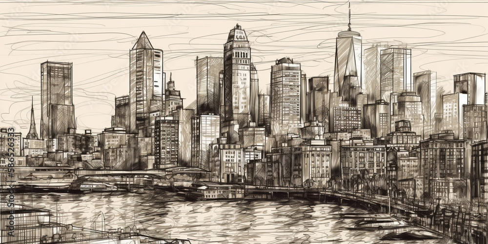 vector sketch hand drawing panoramic city Generative AI