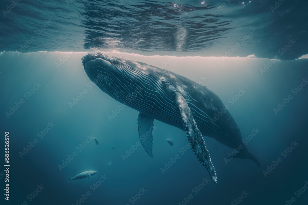 Giant blue whale floating underwater in ocean going up to water surface ...