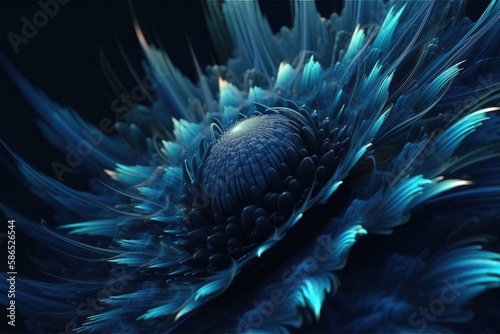 vibrant blue flower in macro view against a dark black backdrop. Generative AI © AkuAku