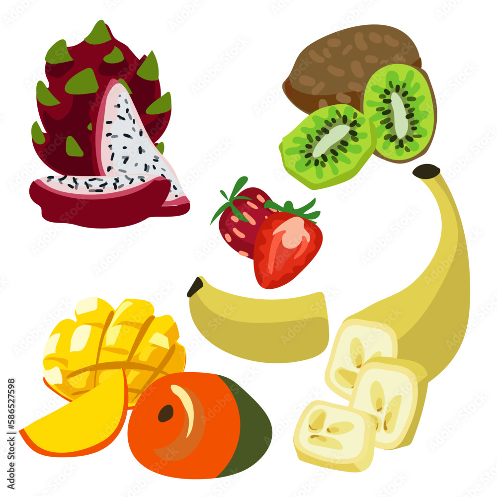 A set of fruits whole and in section highlighted on a white background. Dragon fruit, kiwi, banana, strawberry, mango. Slicing. Vector icon, flat design A set of fruits whole and in section highlighted on a white background. Dragon fruit, kiwi, banana, strawberry, mango. Slicing. Vector icon, flat design