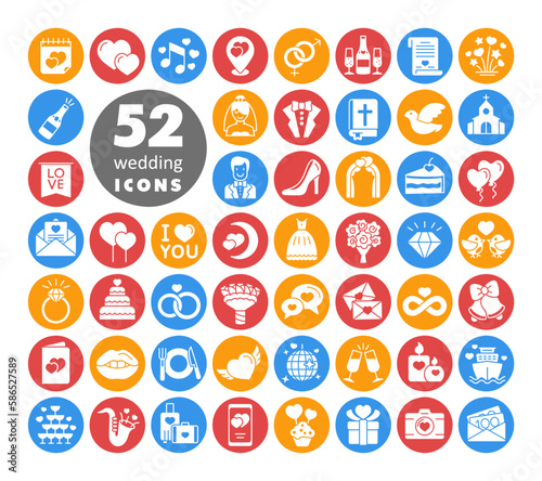 Wedding, marriage, bridal isolated vector icon set