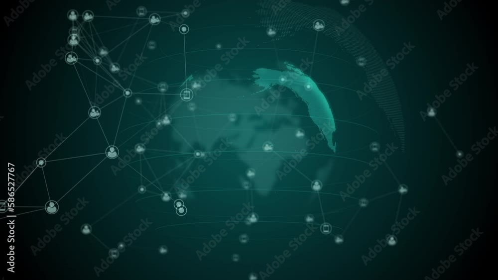 Rotating globe of the world with icons of internet users and gadgets on green background. Technology of connecting people. Looped animation. Rotating globe of the world with icons of internet users and gadgets on green background. Technology of connecting people. Looped animation.