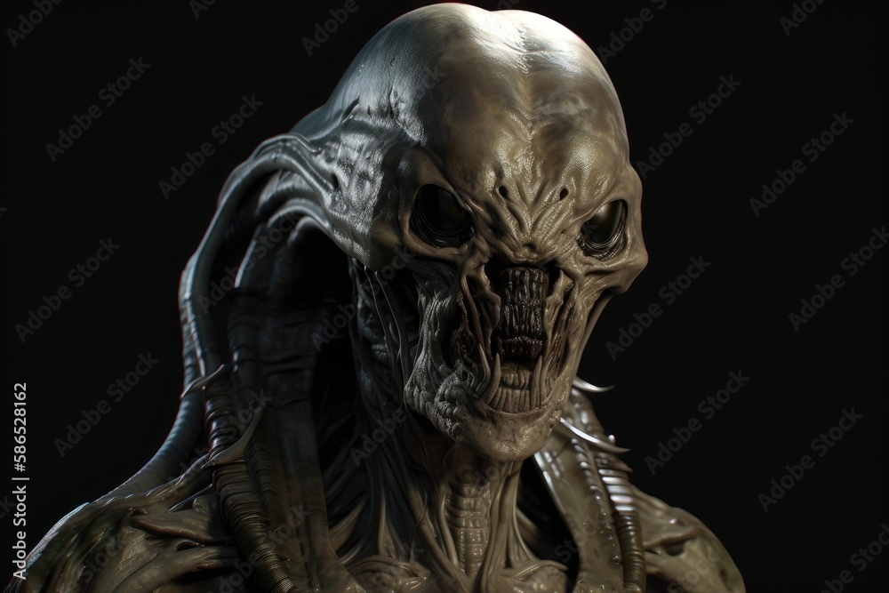 close-up of an extraterrestrial creature on a dark background. Generative AI close-up of an extraterrestrial creature on a dark background. Generative AI