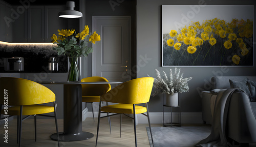 Yellow flowers on the counter in open space living and dining room interior with grey lounge furniture, generative ai