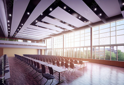 Large bright meeting room with panoramic windows. AI Generated