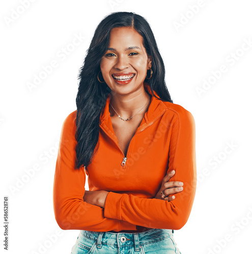 Confident, arms crossed and happy woman portrait with smile for aesthetic, fashion outfit while isolated on a transparent png background. Laughing, cheerful and beautiful latino female with pride