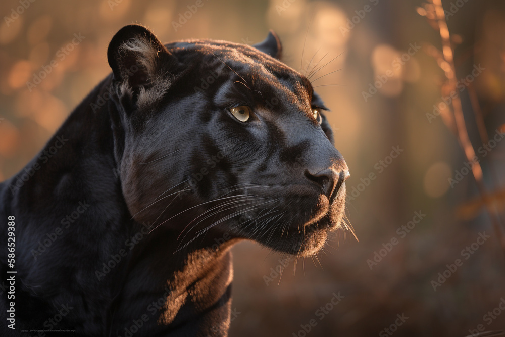 Obraz premium A black panther looks at its prey at sunset. AI Generated