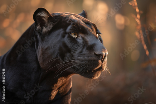 A black panther looks at its prey at sunset. AI Generated