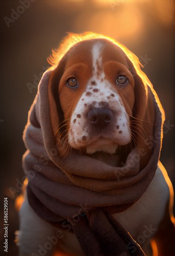 Cute dog covered with a blanket for a walk. AI genarated