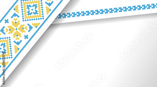 Ukrainian minimalistic vector background, banner, poster with paper layers and shadows .Traditional folk, ethnic ornament. Background in yellow and blue Ukrainian flag colors. Vyshyvanka, cross stitch