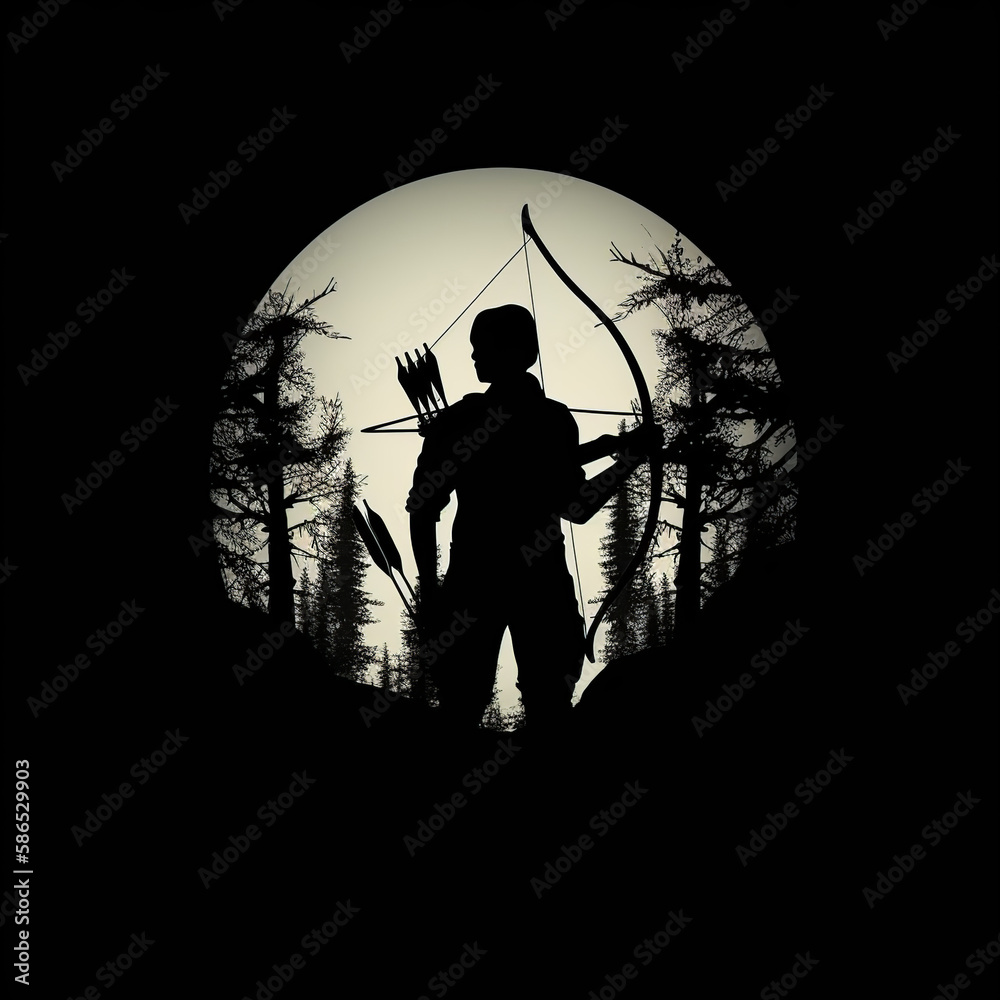 silhouette, archer, woman, illustration, fishing, sword, arrow, sport, bow, warrior, black, archery, people, samurai, person, target, weapon, japanese, cupid, fisherman, rod, art, generative ai