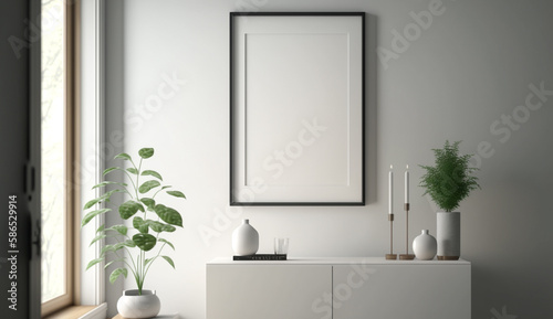 Black picture frame mock-up in modern minimalistic Scandinavian interior. White walls. House plants. Mockup concept.