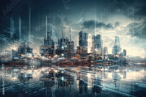 vibrant and illuminated city skyline at night. Generative AI