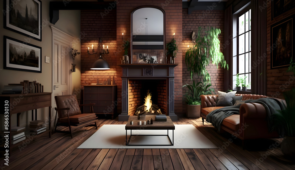 Stylish living room interior with wooden floor, brick wall and fireplace, generative ai Stylish living room interior with wooden floor, brick wall and fireplace, generative ai