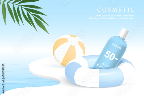 Sunscreen product ads template on water background with swim ring.