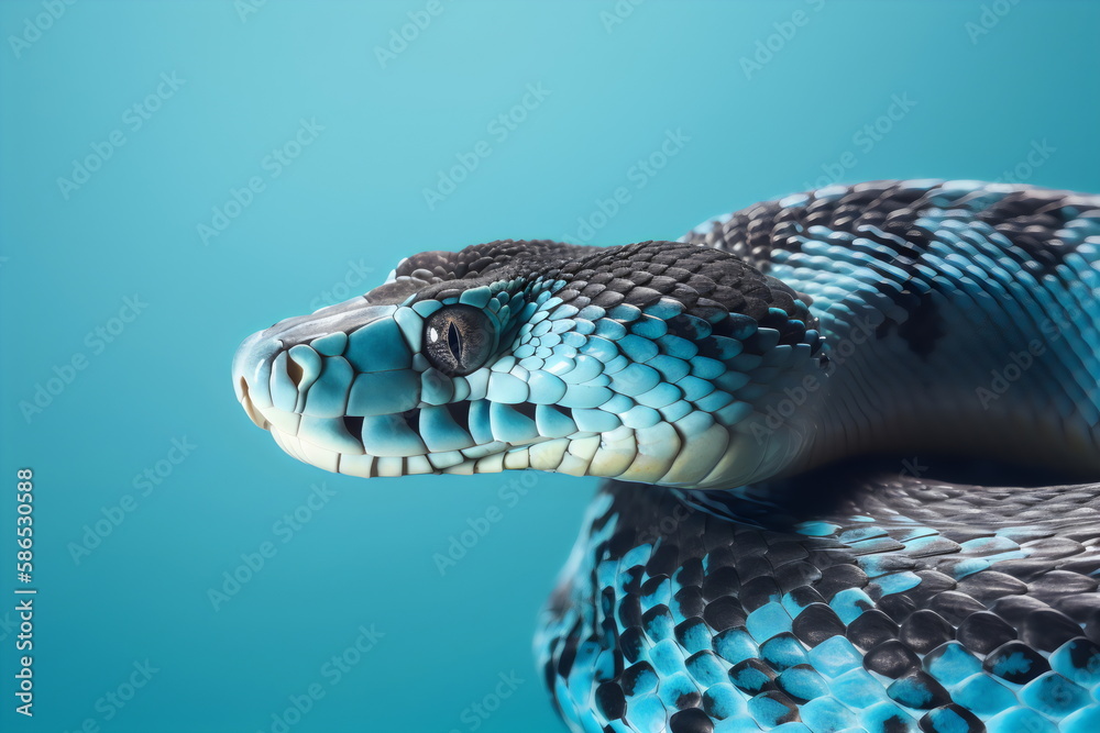 Fototapeta premium snake close up, isolated on plain blue studio background, made with generative ai
