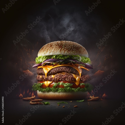 Luscious Burger Delight with the Perfect Combination of Toppings, Spices, and Juiciness Generated by AI
