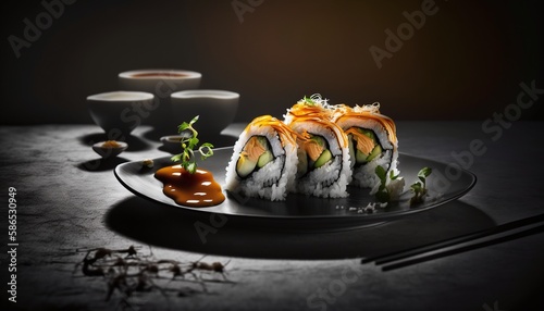 Indulgent Sushi Delight with a Luscious Feast of Colorful Rolls, Generously Topped with Fresh Fish and Veggies Generated by AI