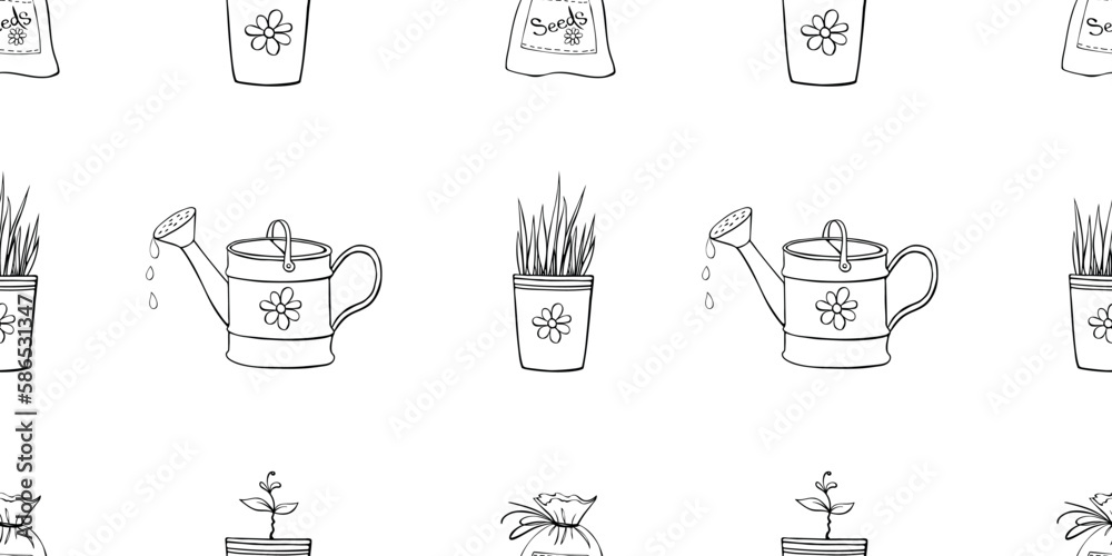 Vector seamless pattern with watering cans, bag of seeds, pots with plant sprout, seedlings. Cute outline texture in doodle style on topic of planting, growing and caring for plants for home, garden Vector seamless pattern with watering cans, bag of seeds, pots with plant sprout, seedlings. Cute outline texture in doodle style on topic of planting, growing and caring for plants for home, garden
