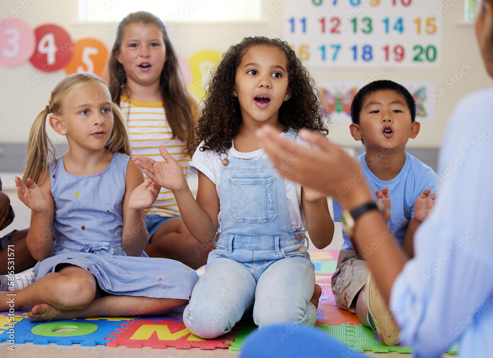 Teacher, singing or kids in classroom learning a song together in