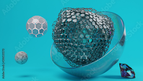 3d rendering. Abstract illustration of a set of geometric shapes. Spheres, hemispheres, a diamond and a deformed sphere made of hexagons. Fantastic geometric objects on a blue background.