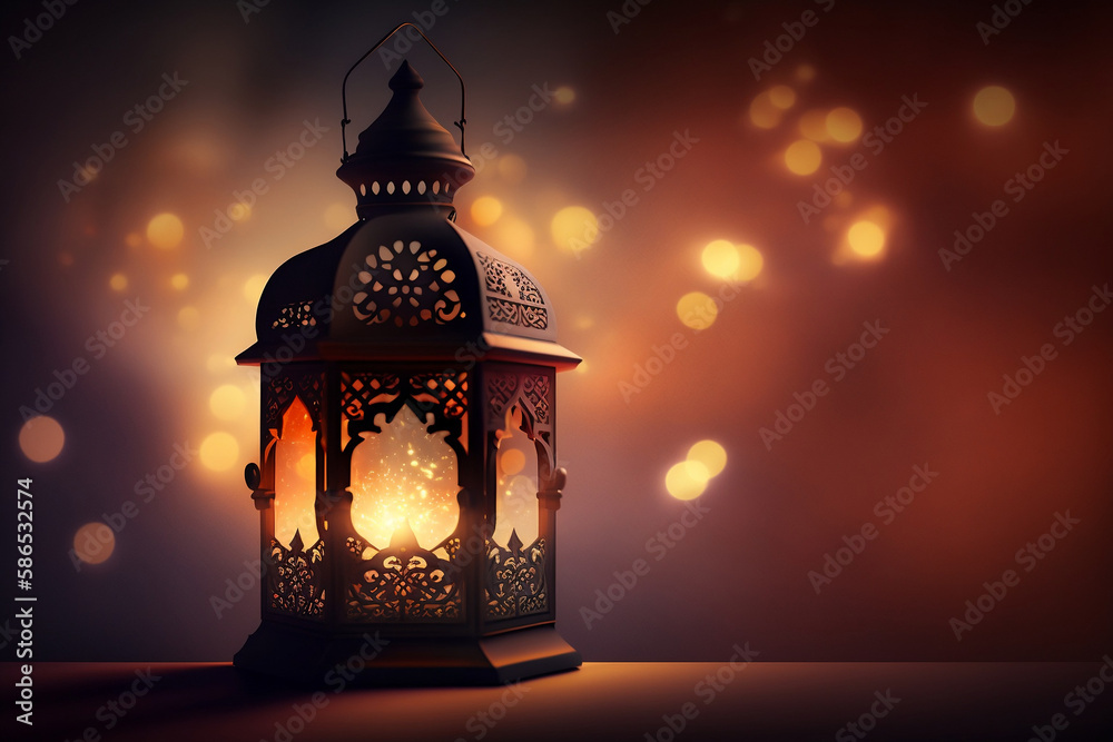 Ramadan Kareem lartern on the wall bokeh light background 