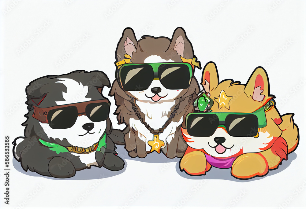 Fototapeta premium Three stylish dogs in clothes and sunglasses pose on stage, painted picture with paints. AI Generated