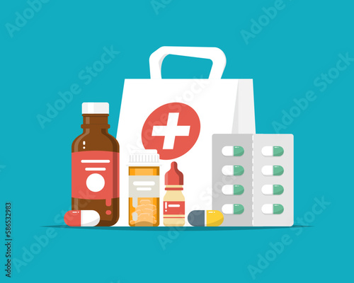 Set of medicines on isolated background, Digital marketing illustration.