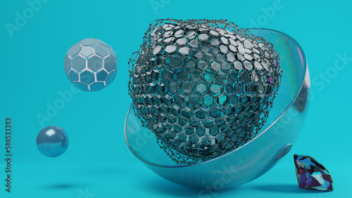 3d rendering. Abstract illustration of a set of geometric shapes. Spheres, hemispheres, a diamond and a deformed sphere made of hexagons. Fantastic geometric objects on a blue background.