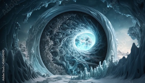 Cosmic Gateway with a Glacial Wormhole to Galaxy Representation Generated by AI