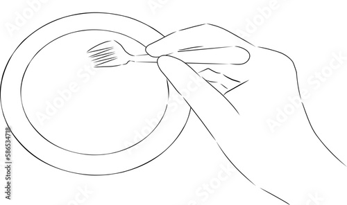 Hand with fork and plate, vector. Hand drawn sketch. A hand holds a fork over a plate, dinner.