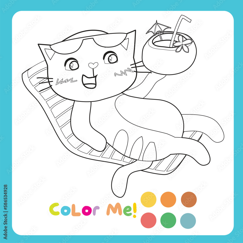 Colouring page with summer theme. A cute and kawaii orange cat enjoying ...
